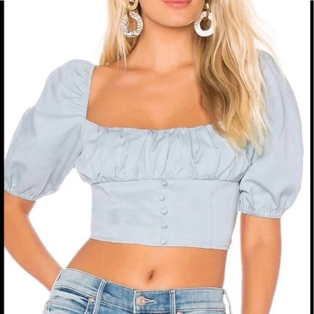 FP Eloise Cropped Blouse L pastel blue puff sleeves coquette peasant Milkmaid